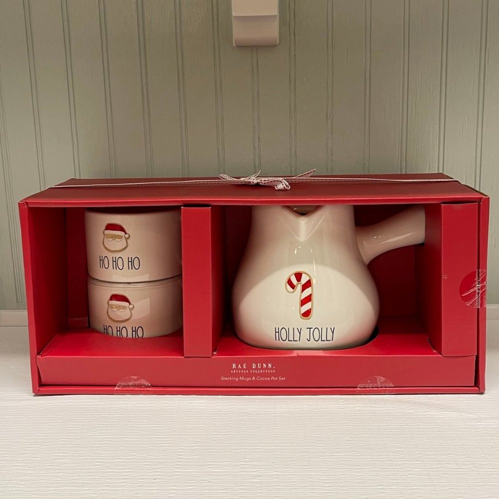 RAE DUNN Stacking Mugs & Cocoa Pot Set  NWT